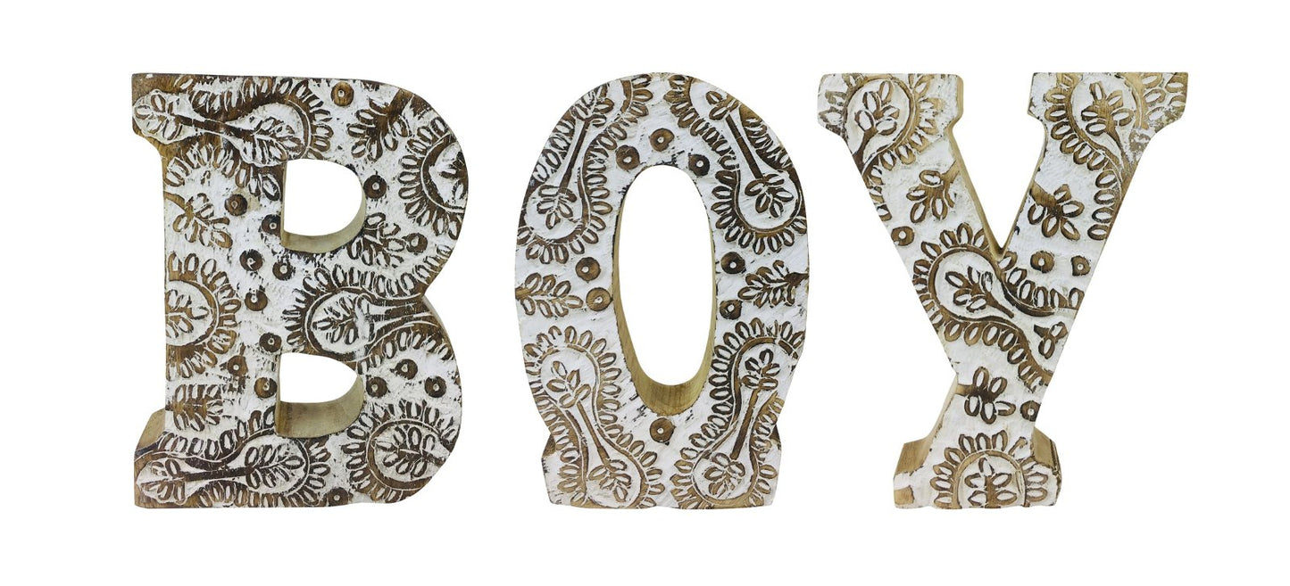 Hand Carved Wooden White Flower Letters Boy