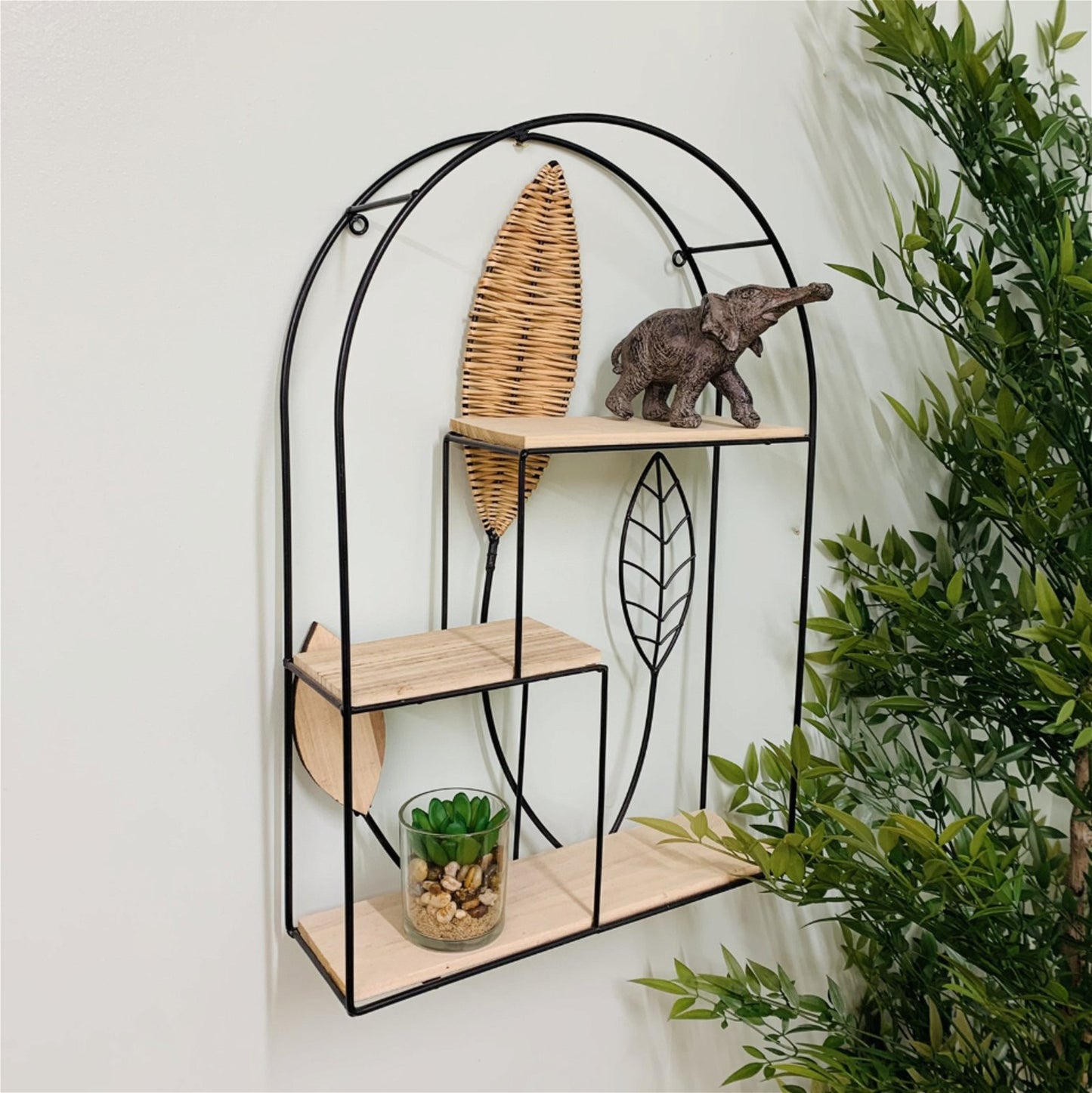 Arched Metal Framed Rattan Leaf Shelf Unit