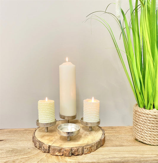 Candle Holder On Wooden Base, 28cm