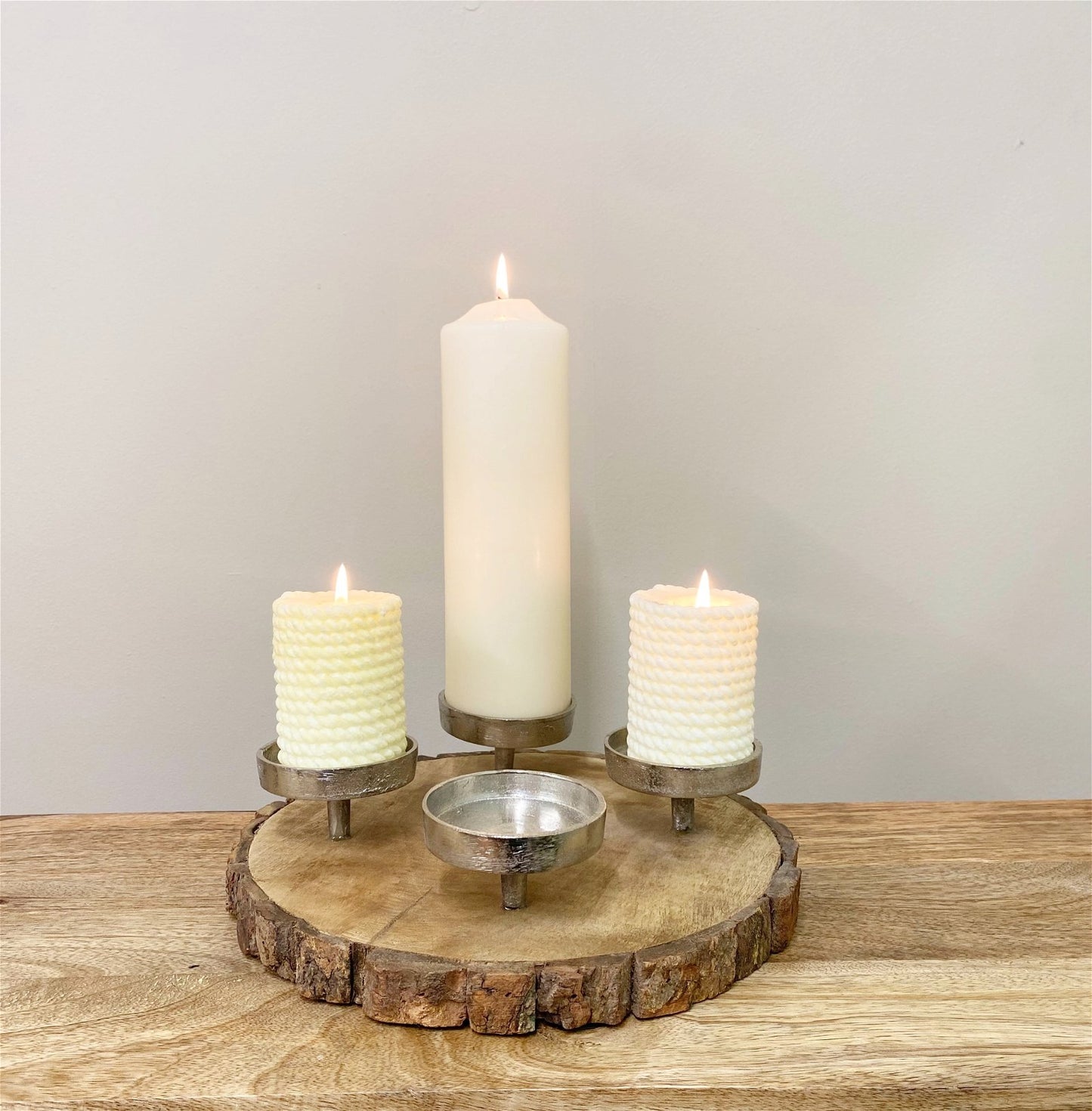 Candle Holder On Wooden Base, 28cm